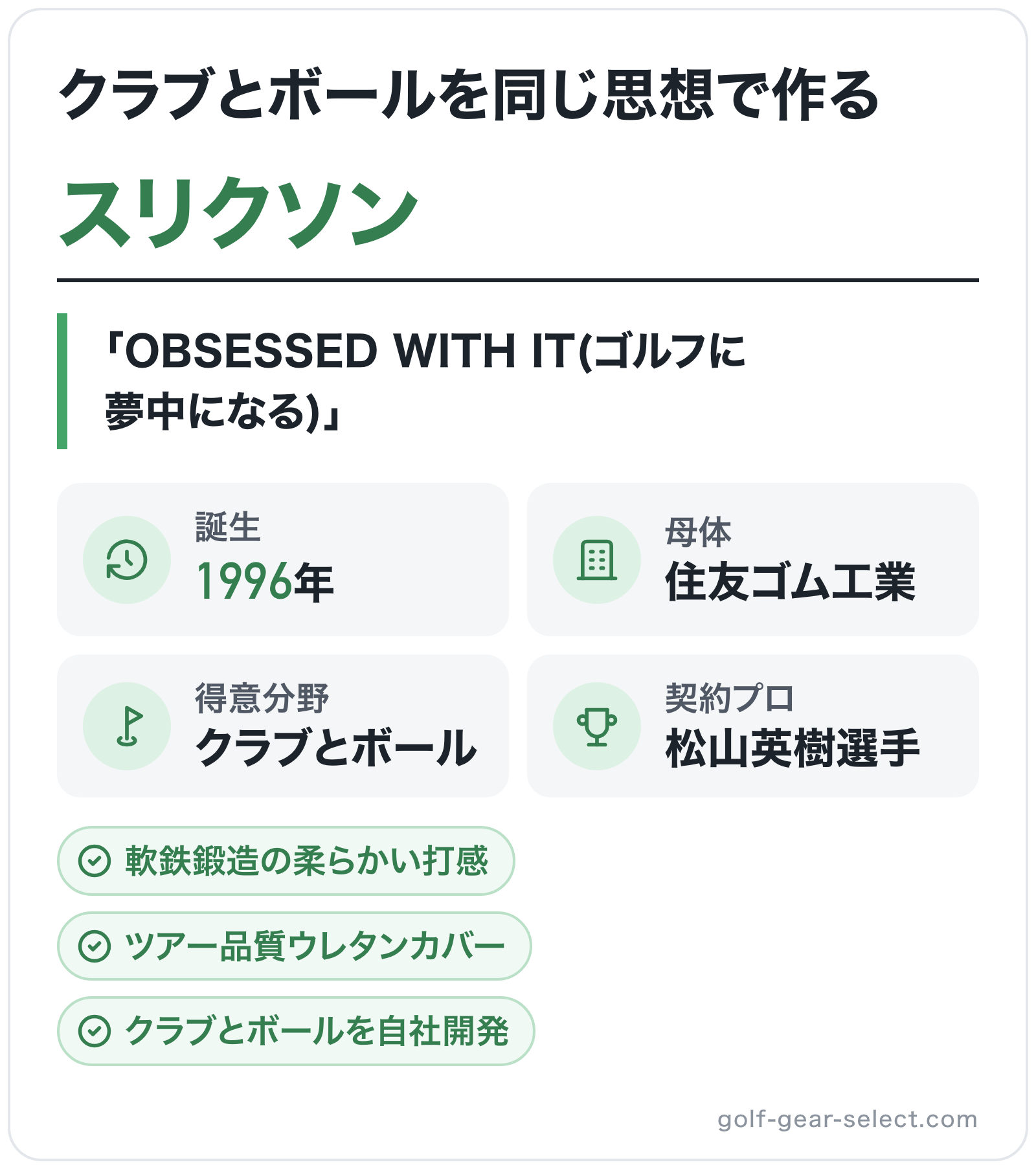スリクソンのブランド概要の図解: 誕生=1996年、母体=住友ゴム工業、得意分野=クラブとボール、契約プロ=松山英樹選手